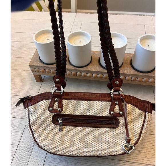 MC heart tan w/ brown embossed trim shoulder bag w/ zip closure silver feet - Picture 9 of 10